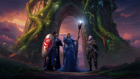 fantasy adventurers standing before an ancient archway