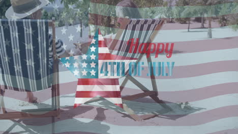 animation of happy 4th of july text and usa flag over senior caucasian couple holding hands on beach