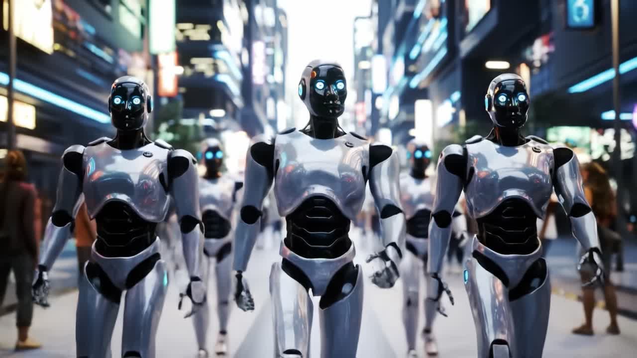 A Futuristic Parade of Advanced Androids Walking in Unison Through a Neon-Lit Urban Environment, Showcasing Their Sleek Design and High-Tech Features