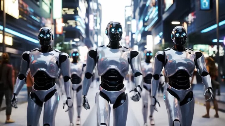 A Futuristic Parade of Advanced Androids Walking in Unison Through a Neon-Lit Urban Environment, Showcasing Their Sleek Design and High-Tech Features
