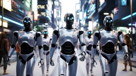 a futuristic parade of advanced androids walking in unison through a neon-lit urban environment, showcasing their sleek design and high-tech features