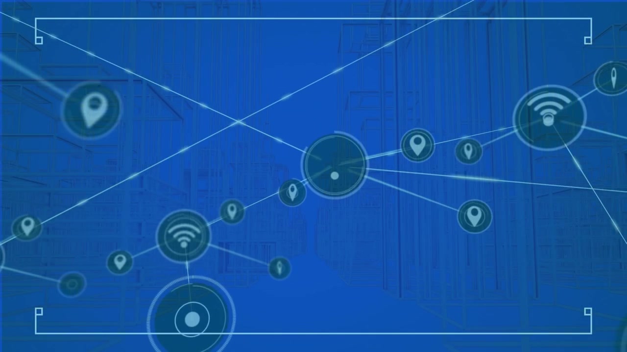 Animation of map pin icon, network connecting dots against 3d urban city on digital interface