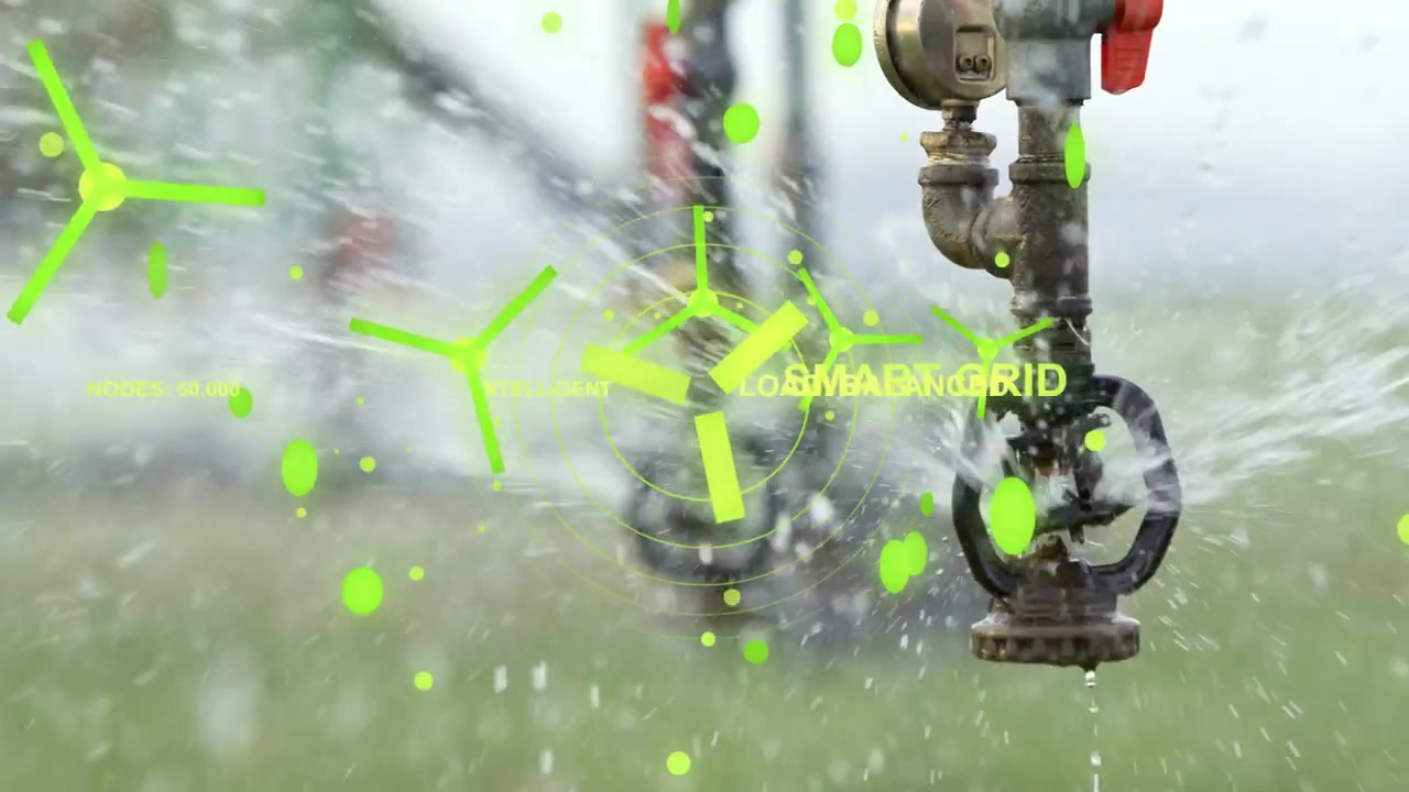 Valvola dell'irrigatore che spruzza all'avvio dell'acqua mentre un HUD verde converge sulla valvola mostrando la SMART GRID.