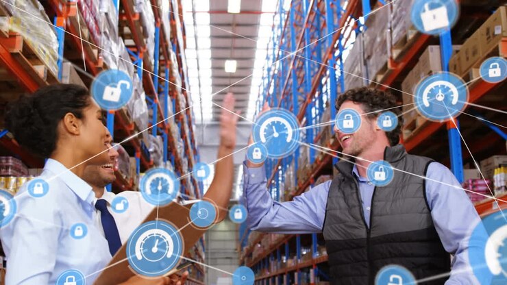 Animazione di reti di connessioni con icone su persone che lavorano in magazzino