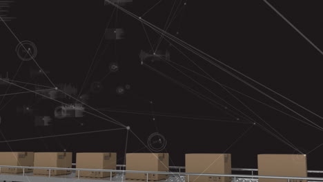 animación de la red de conexiones sobre cajas en cintas transportadoras en el almacén