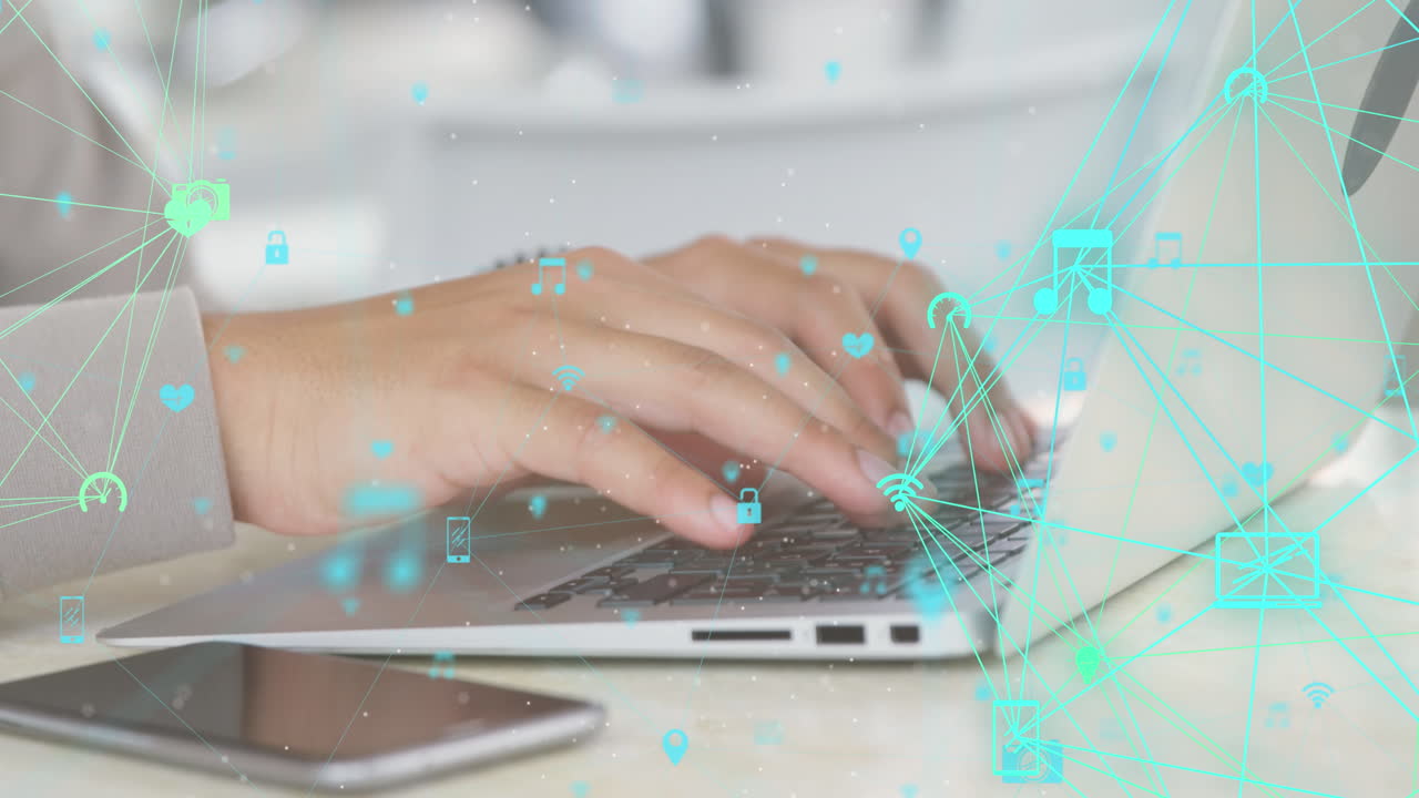 Animation of data processing and networks over man using laptop