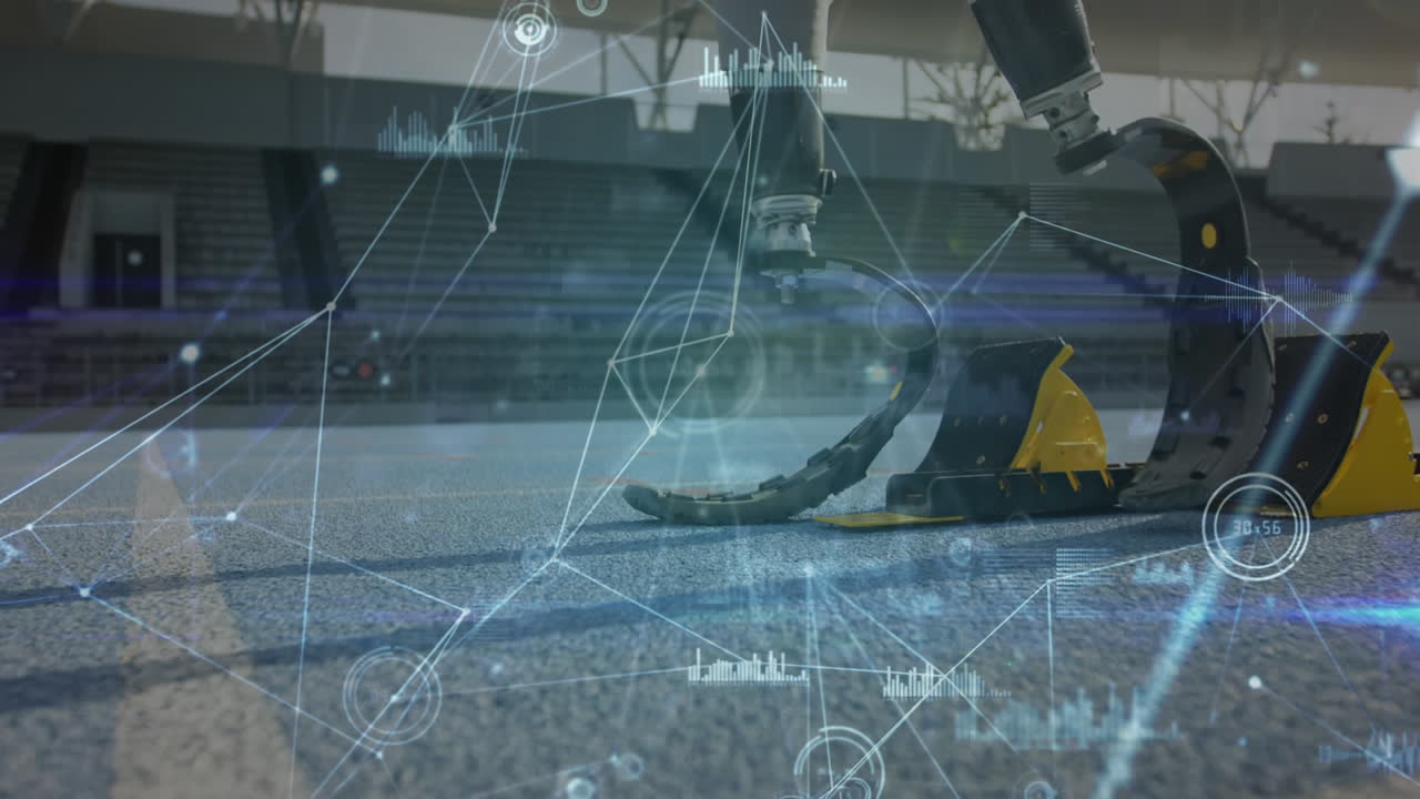 conexiones de red y atletas que usan piernas protésicas haciendo ejercicio