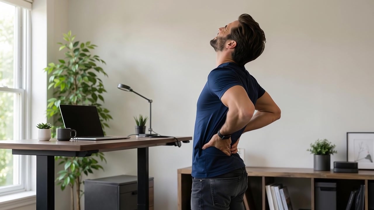Man standing by an office desk stretching his lower back due to pain or discomfort.