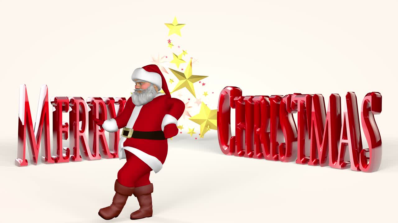 el alegre papá noel en un traje rojo está bailando. renderización 3d