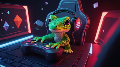 cute gecko gamer playing video games with headphones and controller