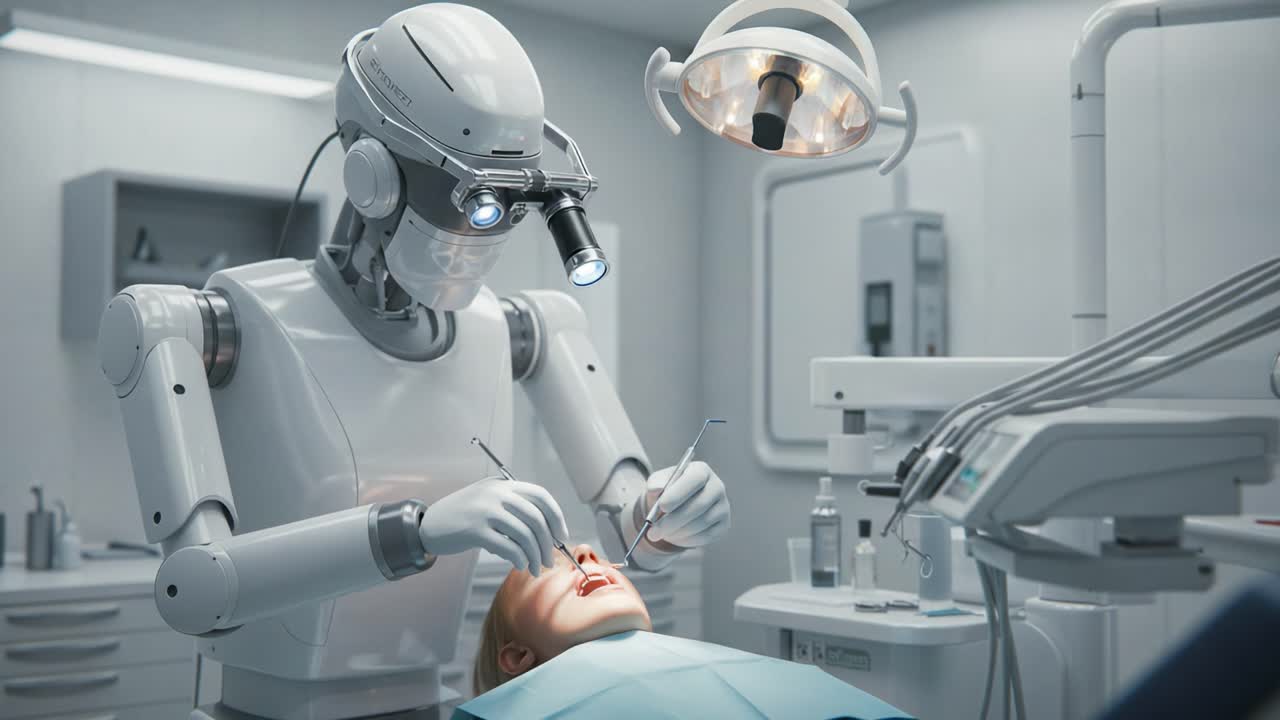 A robotic surgeon performing delicate dental surgery on a patient, showcasing advanced technology and precision in a modern medical environment