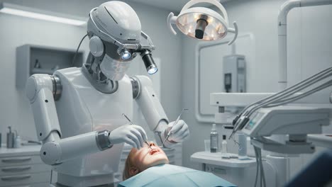 a robotic surgeon performing delicate dental surgery on a patient, showcasing advanced technology and precision in a modern medical environment