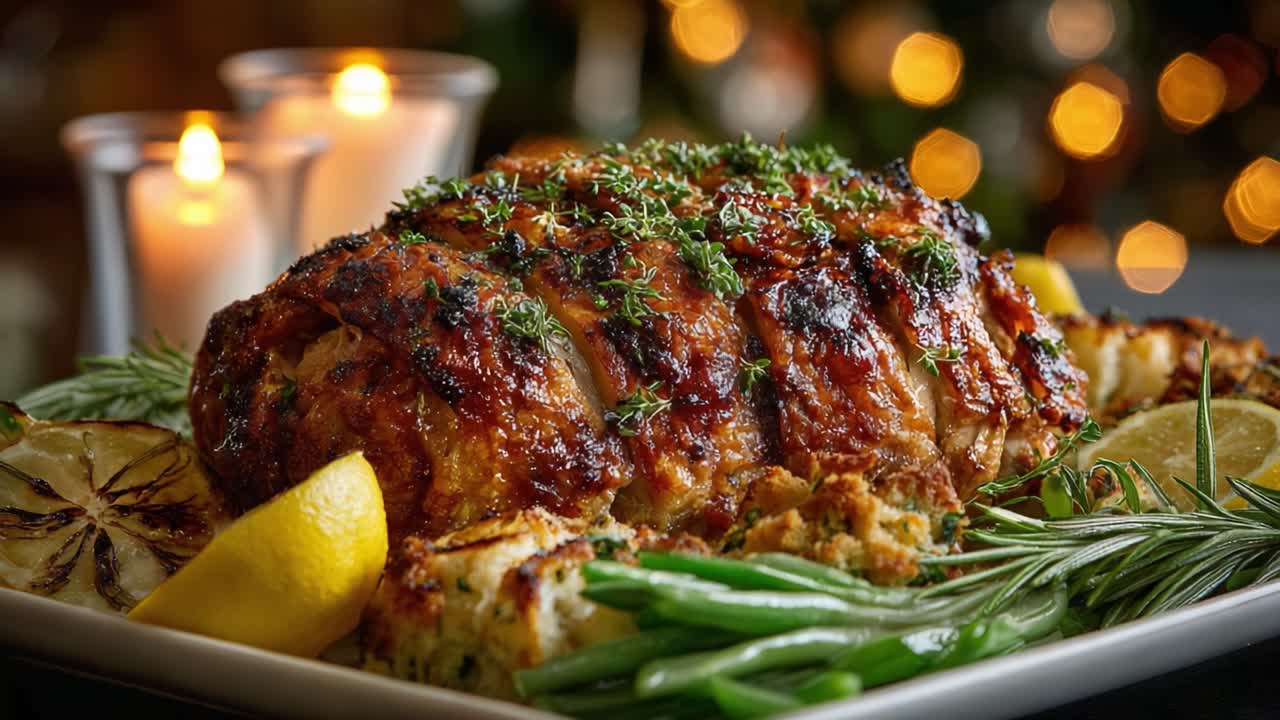 A Perfectly Roasted Meatloaf Garnished with Fresh Herbs and Accompanied by Lemon Wedges, Grilled Vegetables, and Elegant Candlelight Background for a Cozy Dinner