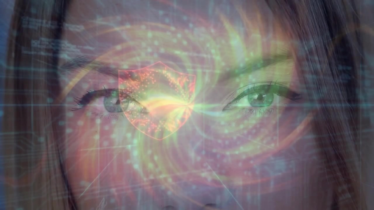 Eine Frau schließt die Augen, aktiviert einen Wirbel aus Schaltkreisen, öffnet die Augen und enthüllt einen Schild, der das Vertrauen in Technologie stärkt.