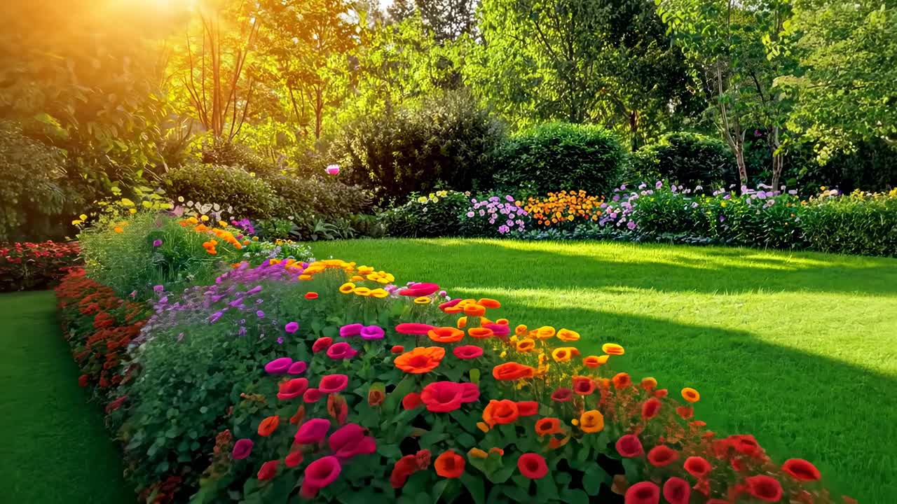 Una vivace scena di giardino catturata a livello degli occhi, che mostra aiuole colorate e una vegetazione lussureggiante