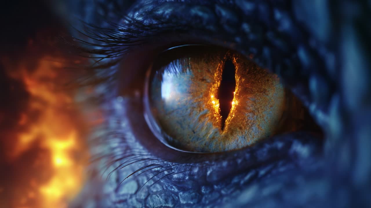Astonishing Transformation: Captivating Close-Up of a Mythical Creature's Eye, Reflecting Fiery Elements and Brimming with Mystical Energy, Showcasing Rich Textures and Striking Colors in a Fantastical Realm
