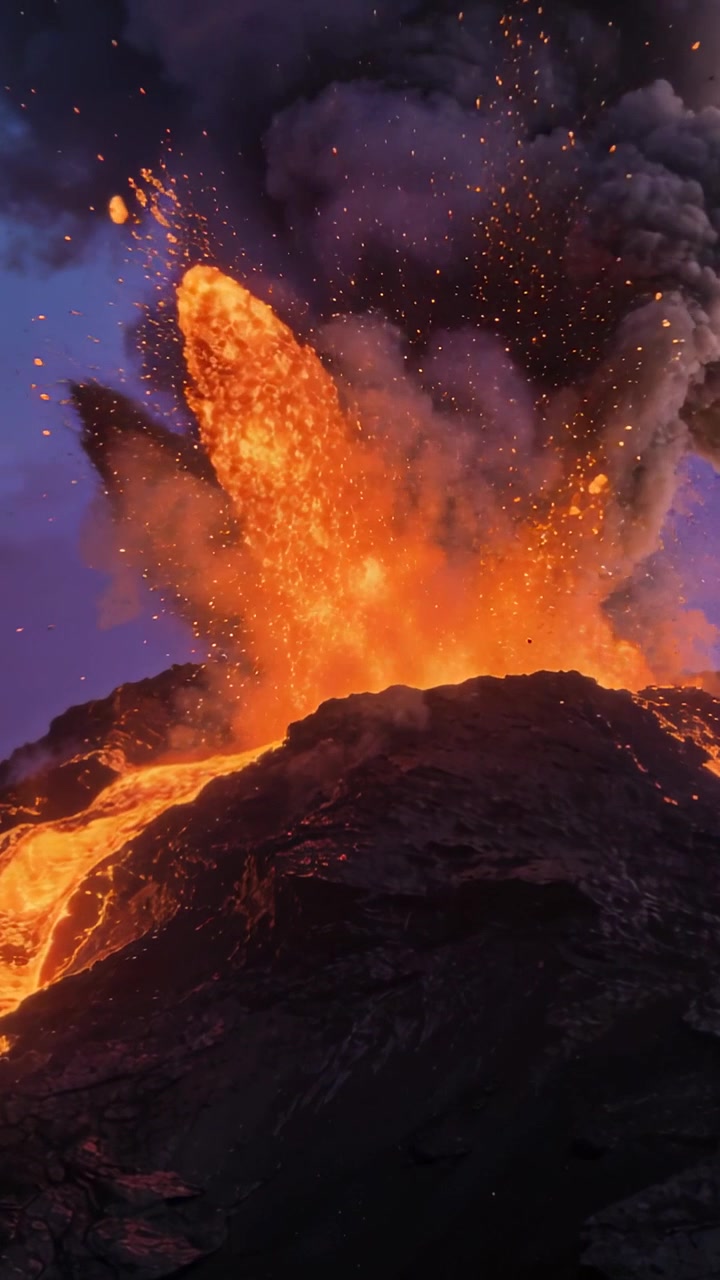 Video verticale: Cratere vulcanico in eruzione con bagliore crescente e getti di lava sul fianco, pennacchio di cenere.