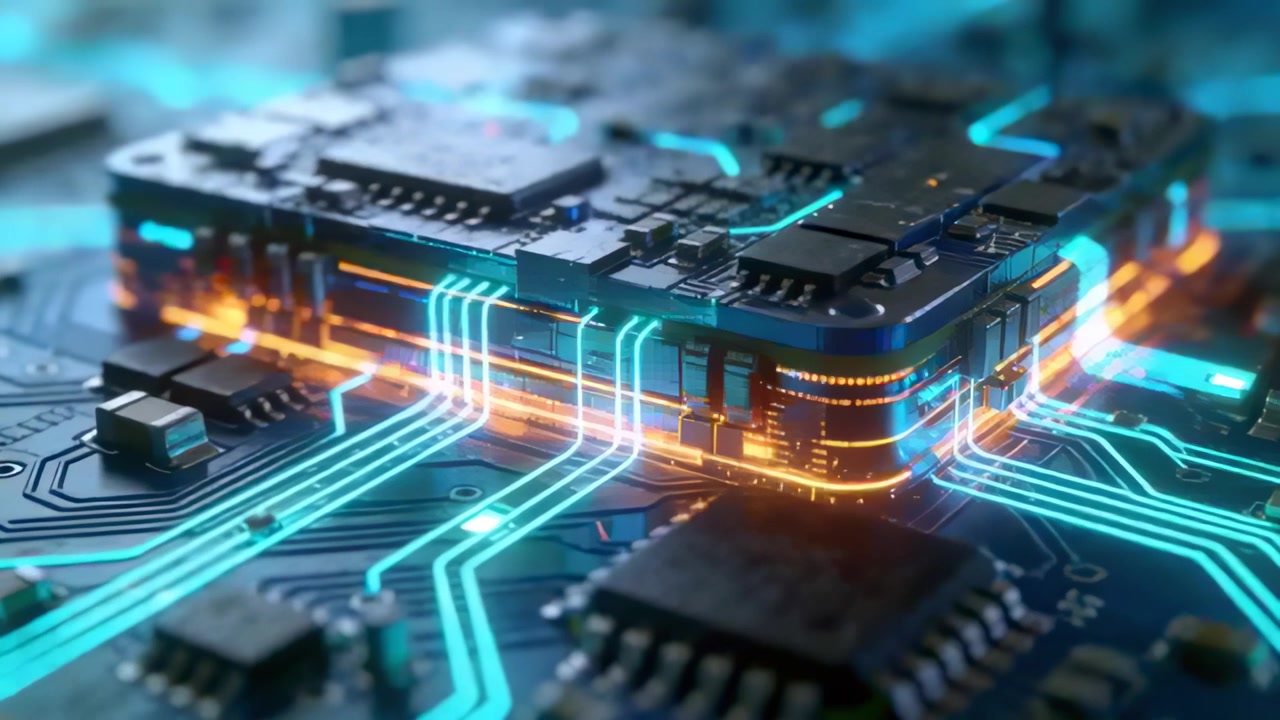 Camera panning stacked module, pulsing neon-blue traces on PCB, orange band glowing, showing data