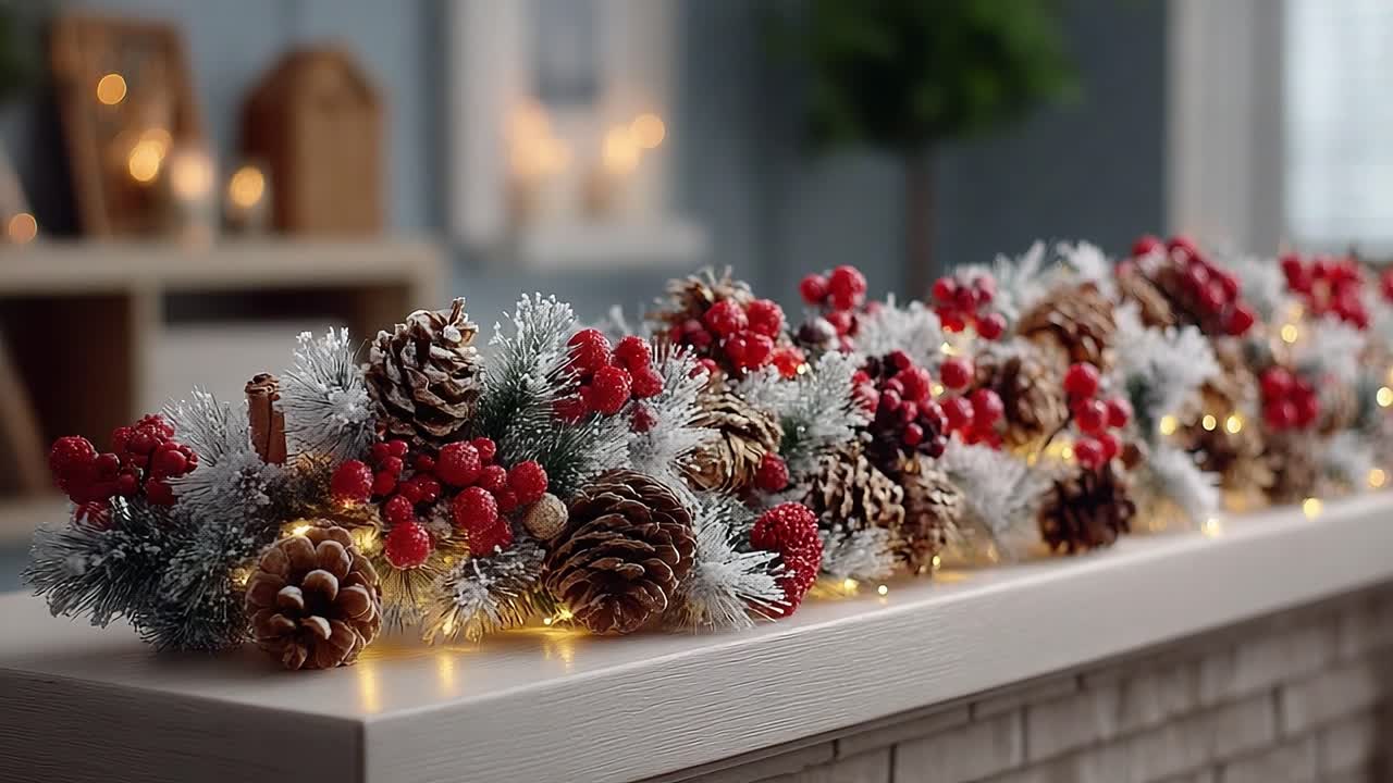 A Festive Display of Holiday Decorations Featuring Pine Cones, Berries, and Glowing Lights on a Table Surface, Perfect for Celebrating the Winter Season