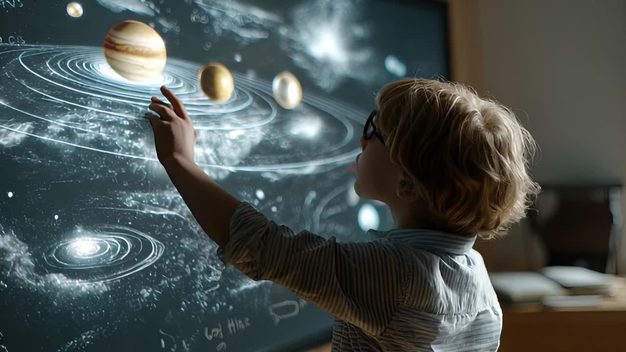 Dítě zkoumá sluneční soustavu na digitální obrazovce ve vzdělávacím prostoru