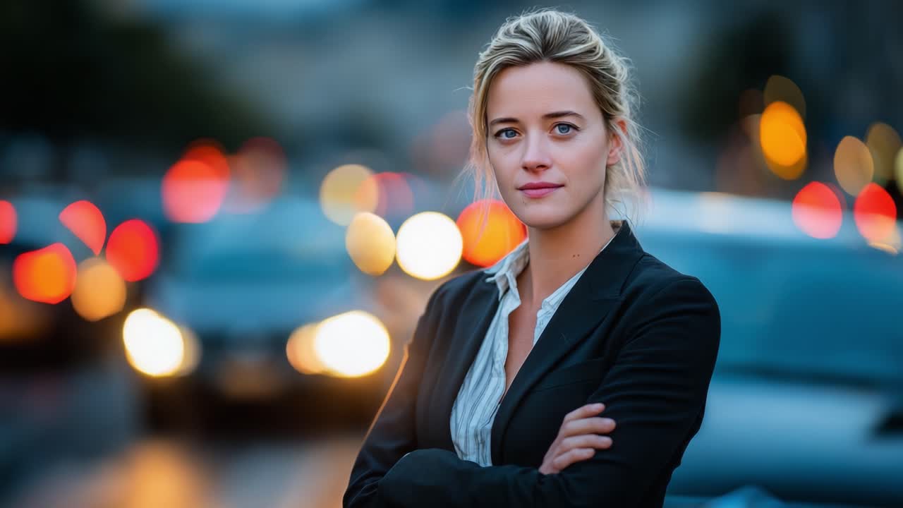 Una donna professionista sicura di sé spicca su uno sfondo urbano dinamico, irradiando carisma ed eleganza in un paesaggio cittadino al crepuscolo.