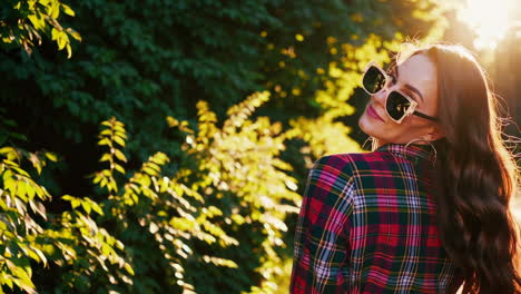 stylish woman outdoors in plaid shirt