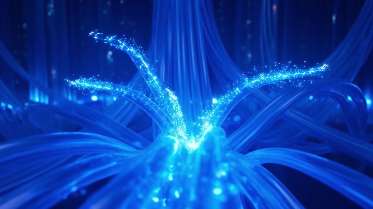 Abstrakt animation af glødende blå fiberoptiske kabler, der transmitterer data