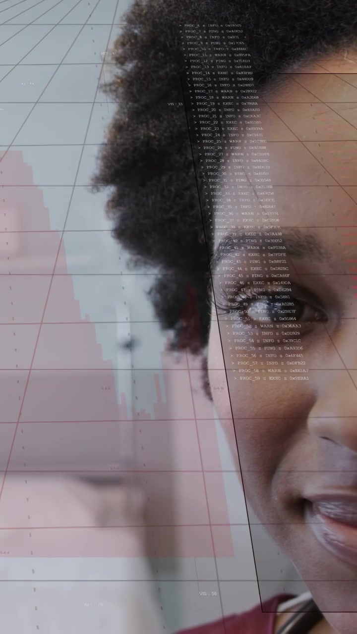Vertical video: Mid adult woman blinking and smiling, tech 3D grid sliding over eye for biz demo