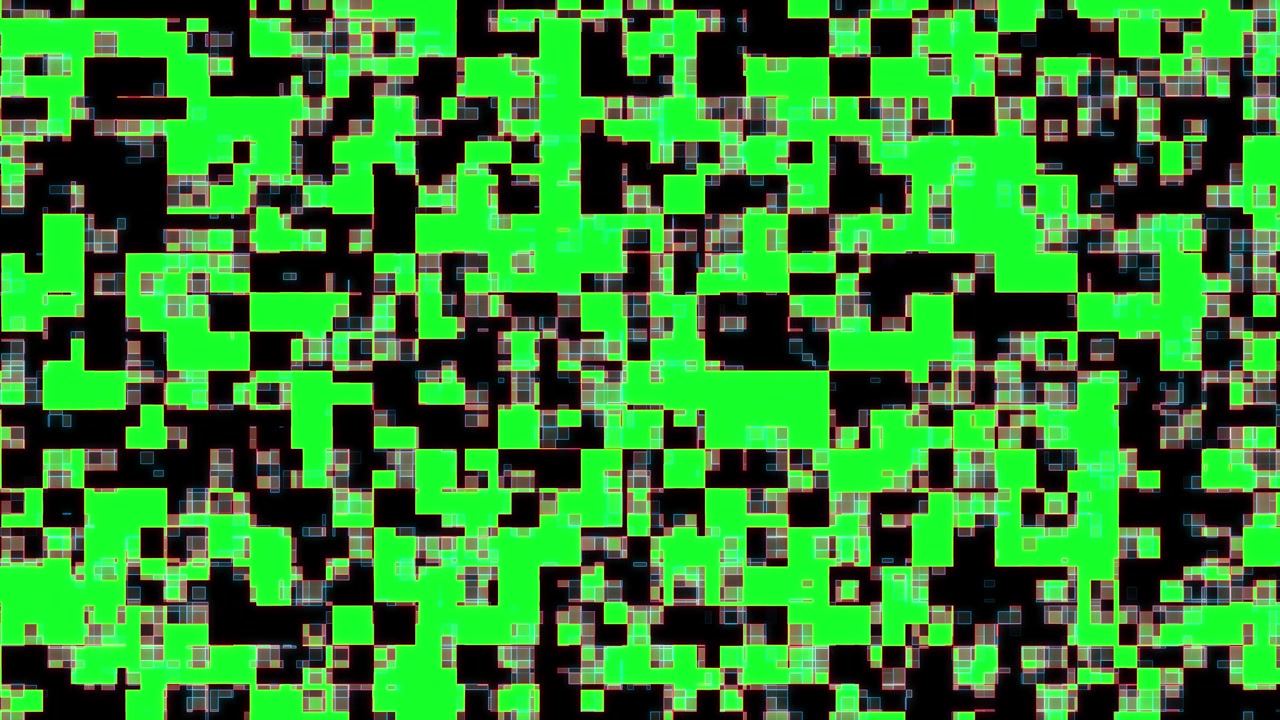 Animazione glitch digitale astratta con blocchi di pixel sparsi, schermo verde chroma key e tecnologia dinamica.