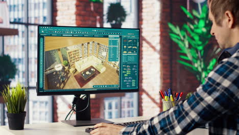 man looking at cad software interface on pc, making home floor plans