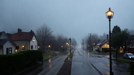 empty street in town on a foggy rainy night