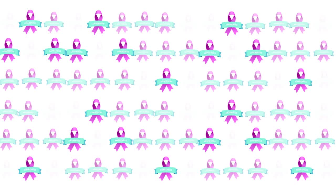 animación de múltiples logotipos de cinta rosa y texto de cáncer de mama que brilla sobre un fondo blanco