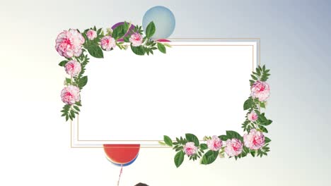 Animation-of-floral-banner-with-copy-space-over-balloons-floating-against-grey-gradient-background