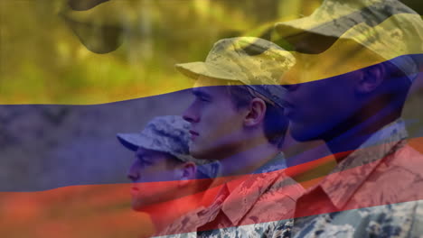 animación de la bandera de colombia sobre varios soldados varones