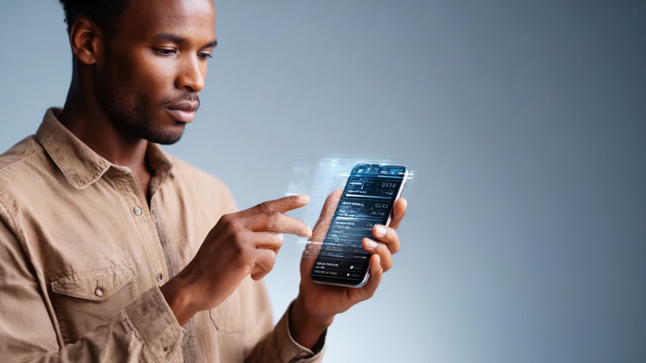 A focused individual interacts with a futuristic smartphone interface displaying graphs and data analysis, highlighting a blend of technology and personal engagement in modern digital environments
