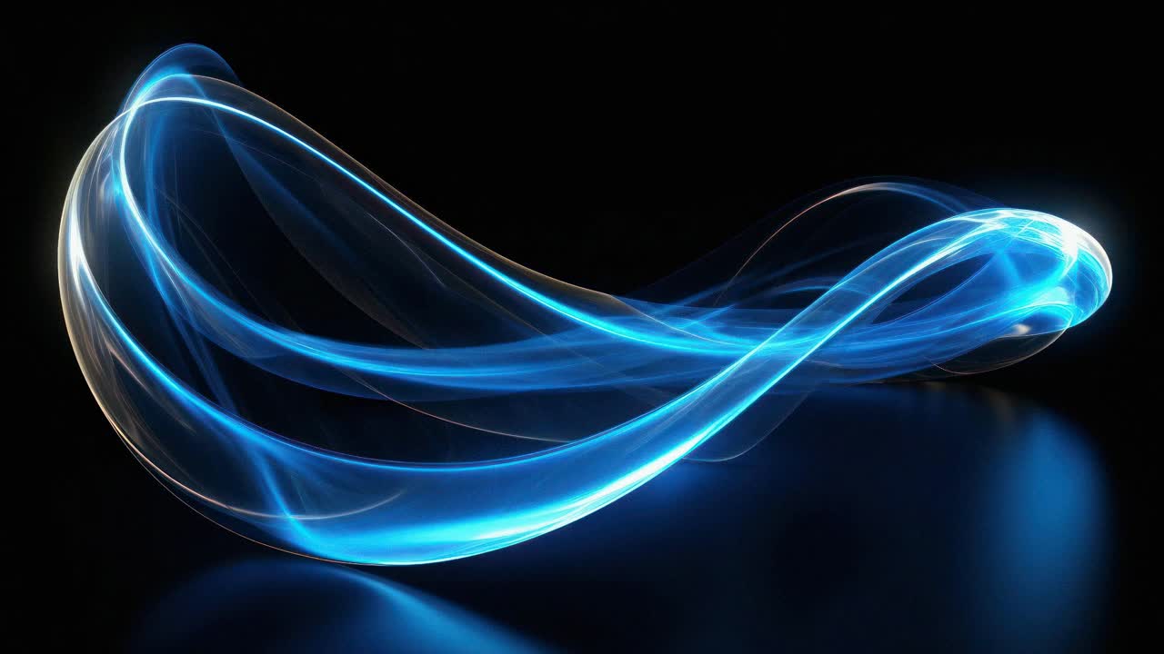 Dynamic blue light trails form an abstract wave against a dark background, captured from a low