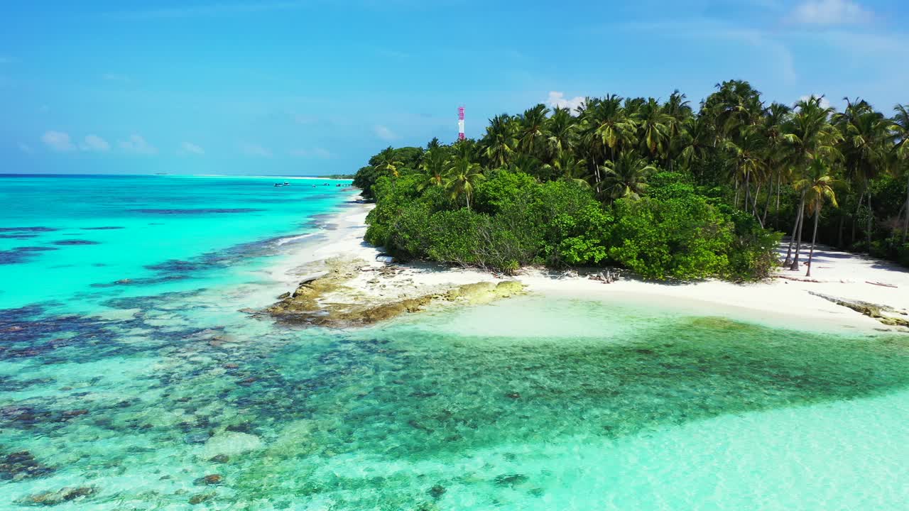 Lush vegetation and palm trees of tropical island surrounded by rocky shore and turquoise waters of shallow lagoon in Jamaica