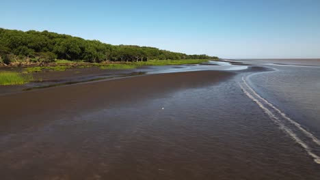 low aerial pan of brown sand banks and swamp by rio de la plata coast