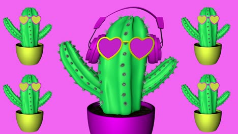 3d animation of fancy cactuses on pastel background. looped dancing of funky cactuses with headphone and sunglasses. minimalist pop art concept.