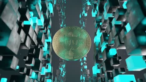 Bitcoin coin floating inside abstract tunnel of black and blue cubic blocks. 3D digital cryptocurrency symbol. Blockchain and virtual currency concept. vertical