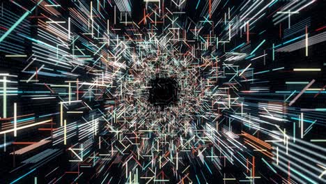 abstract futuristic tunnel formed by flying narrow colorful lines on black background, seamless loop. animation. hyper jump in bright technology tunnel