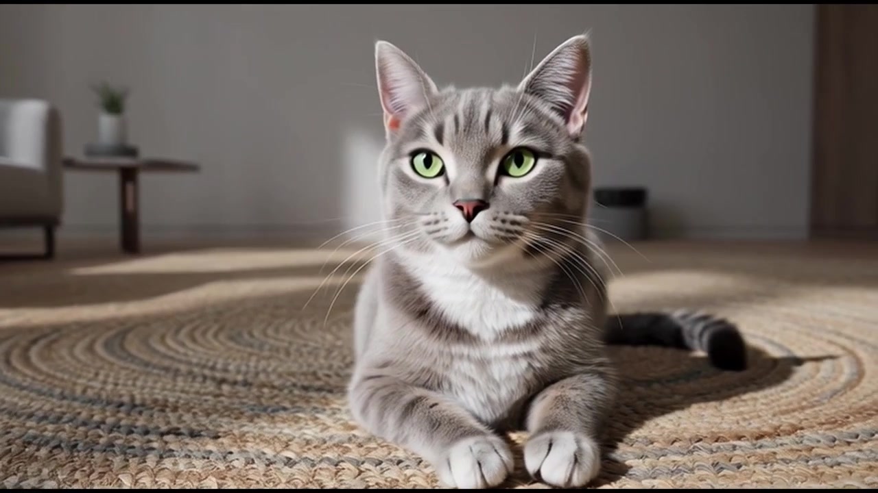 Gatto soriano grigio che riposa su un tappeto intrecciato in un soggiorno