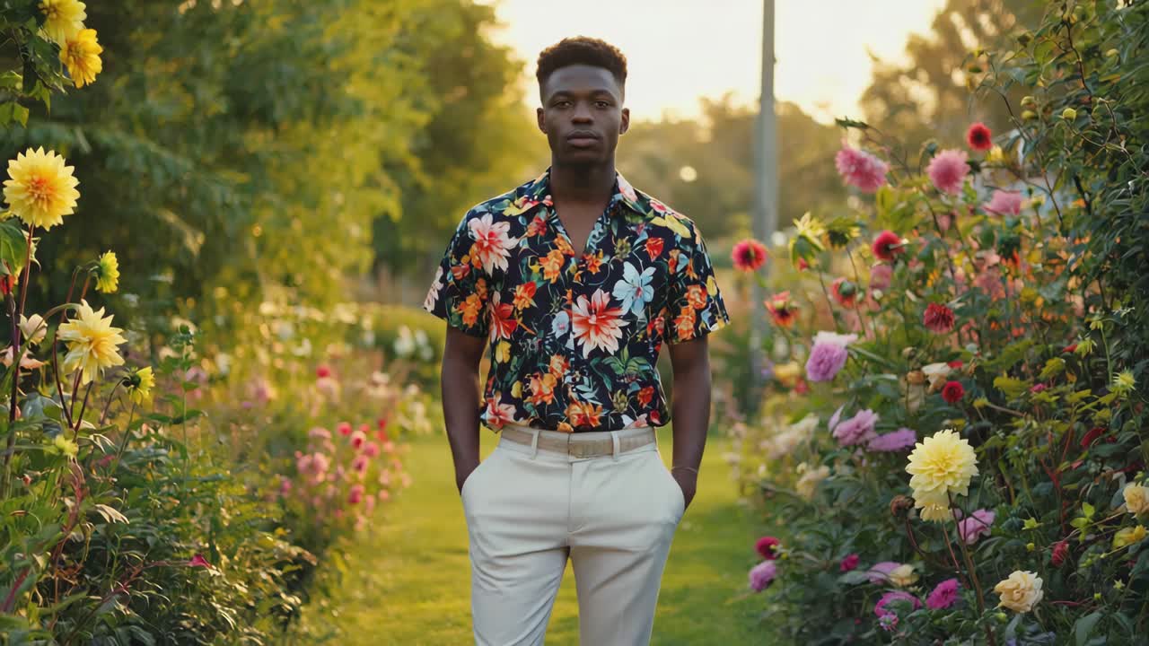 Man in floral shirt standing in a flower garden