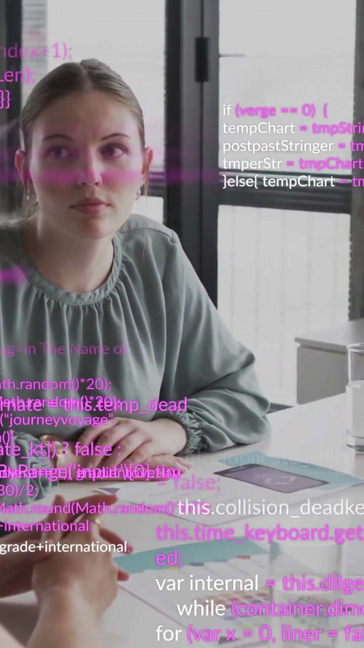 Video vertical: Diseñador observando una muestra en una tableta mientras un colega activa una superposición de código que cubre la vista para UX.