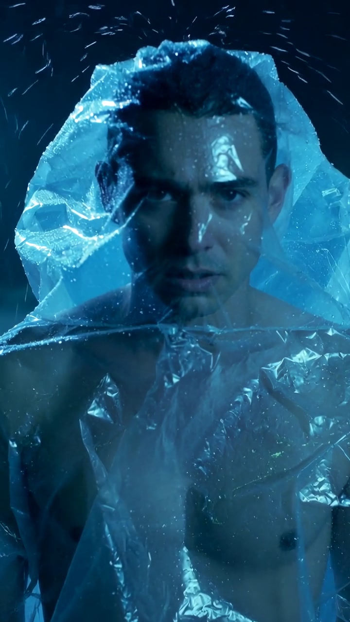 Vertical video: Standing male feeling clear poncho tightening as studio rain starting for shoot