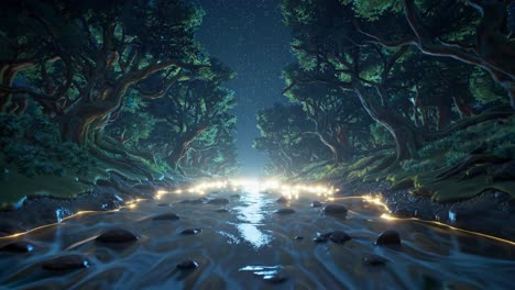 glowing river path through a night forest