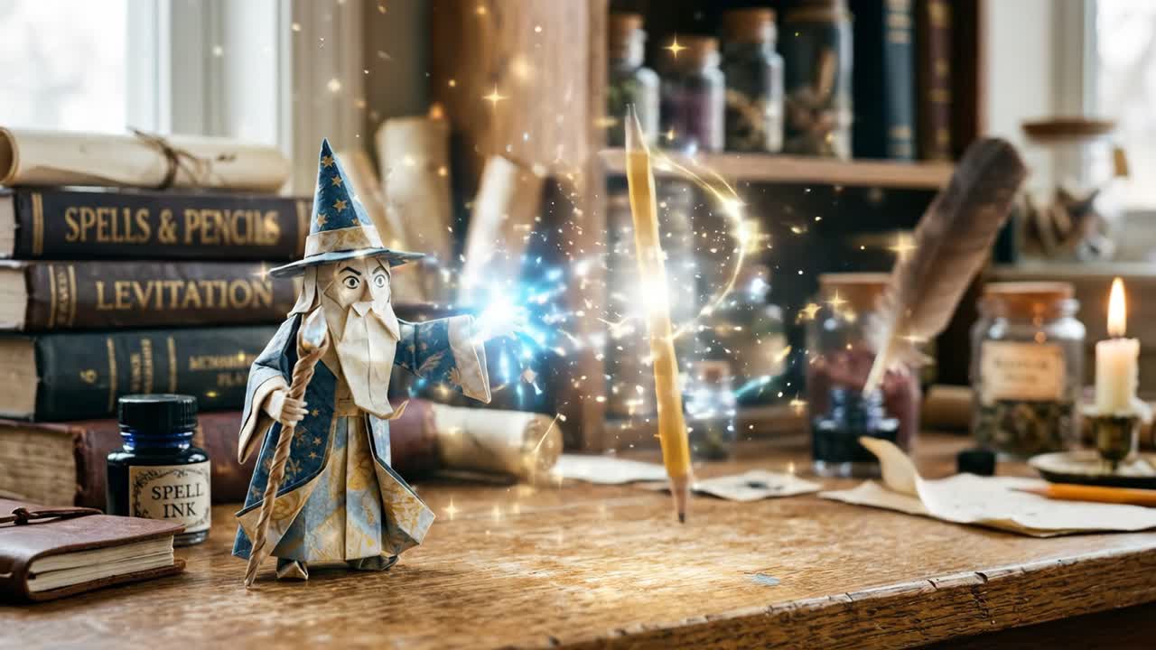 Origami troldmandsfigur kaster en levitationsbesværgelse på en blyant