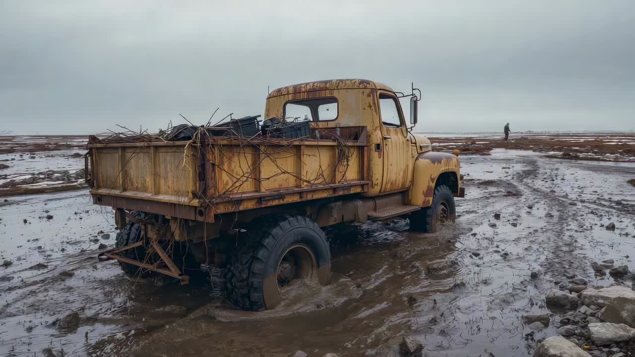 Advancing flatbed truck attempting crossing muddy floodplain, spinning off-road tires and sinking