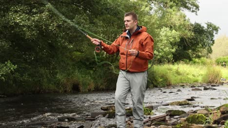 Handaufnahme-Eines-Fliegenfischers,-Der-In-Einen-Schnell-Fließenden-Fluss-Wirft