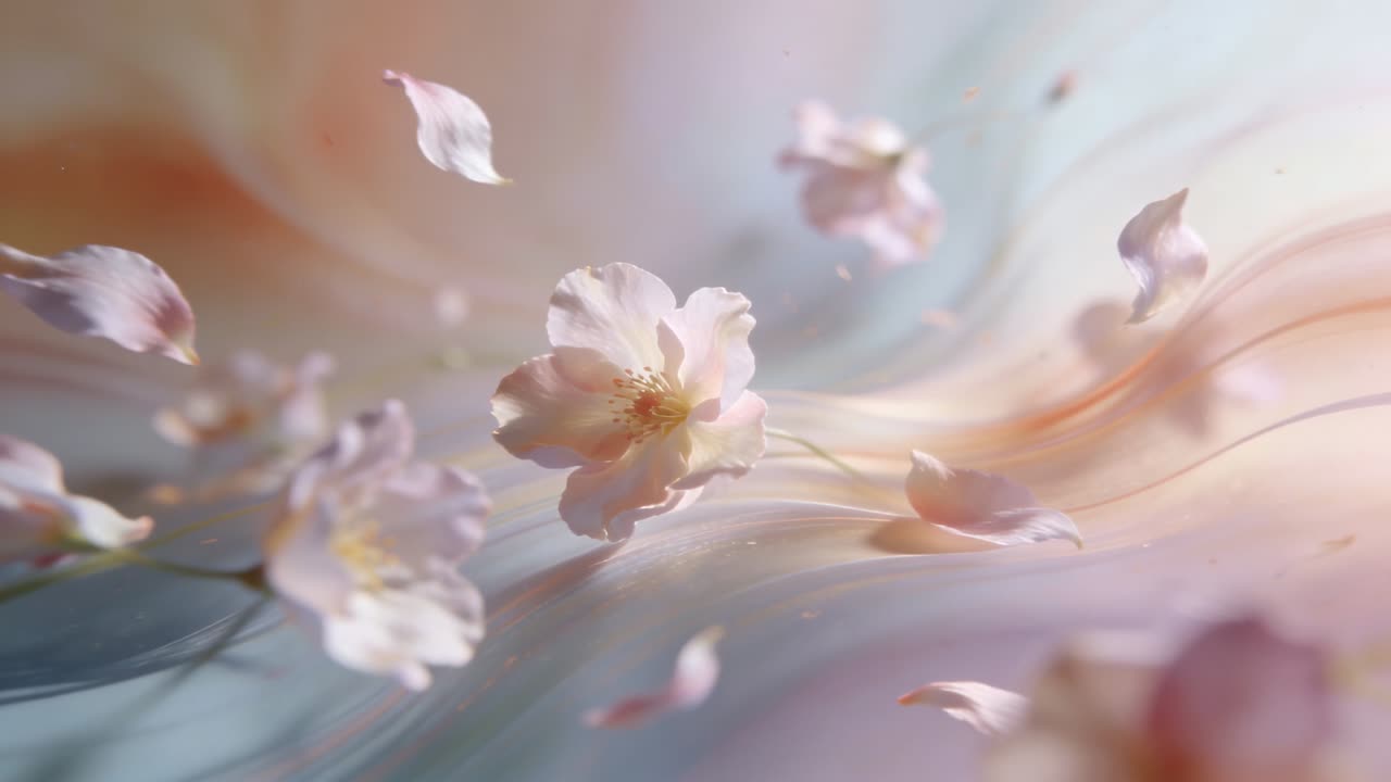 パステルカラーの背景を横切って、花粉と散った花びらを伴った淡いピンクの花々が風に舞っています。